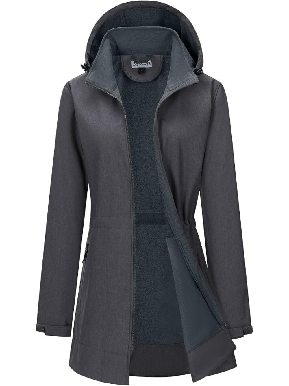 Women's Dark Grey Hooded Fleece Lined Softshell Full Zip Waterproof Rain Jacket